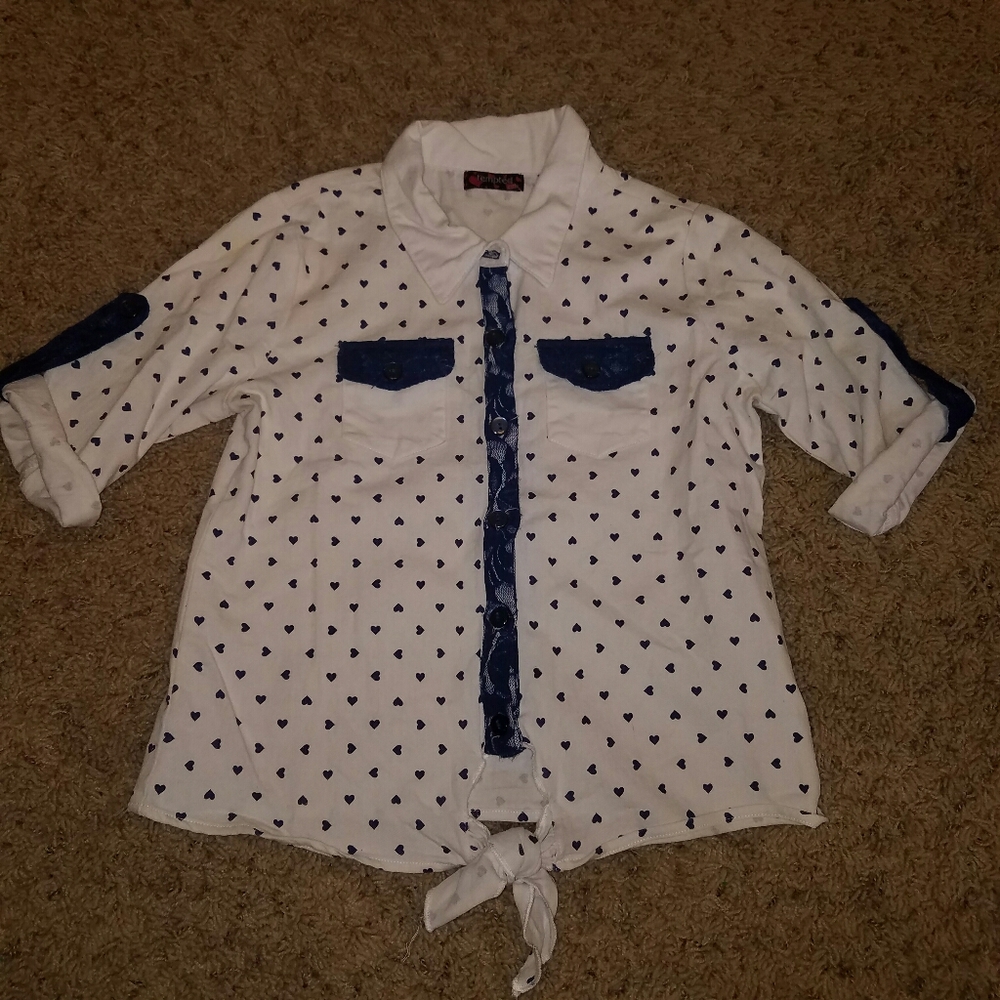 Blue and White Heart Patterned Button Up